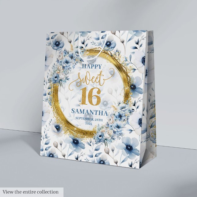 Snygg lätt Blåa blommor Sweet 16 Guld Glitter (Beautiful Light Blue Flowers Sweet 16 Gold Glitter Medium Gift Bag )