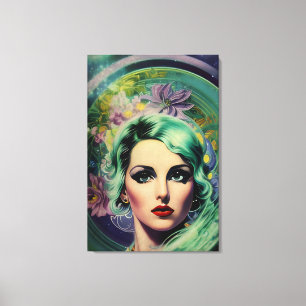 Snygg lavender och Grönt Retro Stil Space Woman Canvastryck