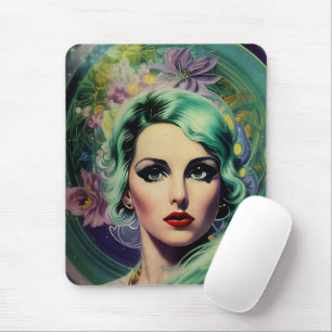 Snygg lavender och Grönt Retro Stil Space Woman Musmatta