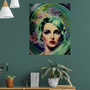 Snygg lavender och Grönt Retro Stil Space Woman Poster