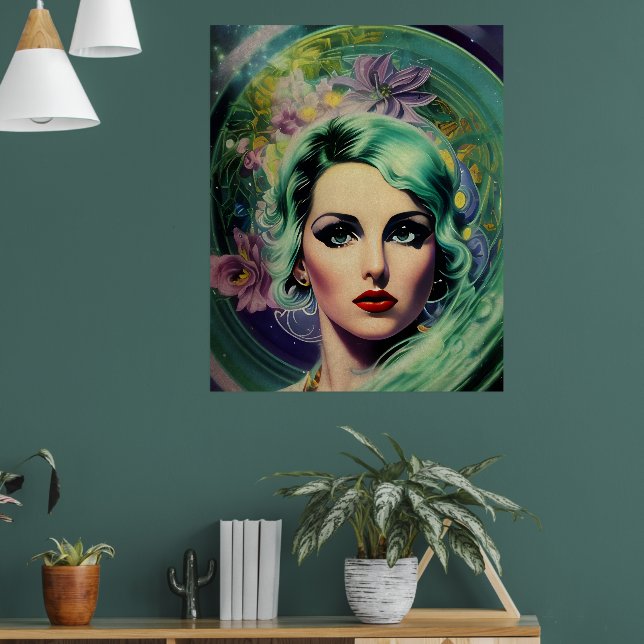 Snygg lavender och Grönt Retro Stil Space Woman Poster (Vardagsrum 1)