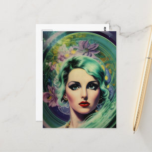 Snygg lavender och Grönt Retro Stil Space Woman Vykort