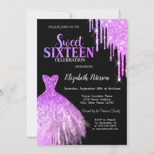 Snygg lila glitterdroppar, klänning svart Sweet 16 Inbjudningar