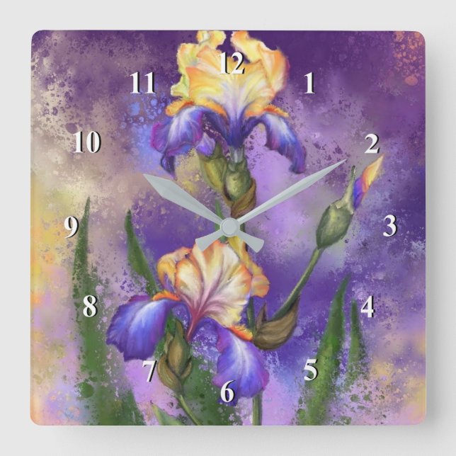 Snygg Lila Iris Flower Miged Art Painting Fyrkantig Klocka (Framsida)