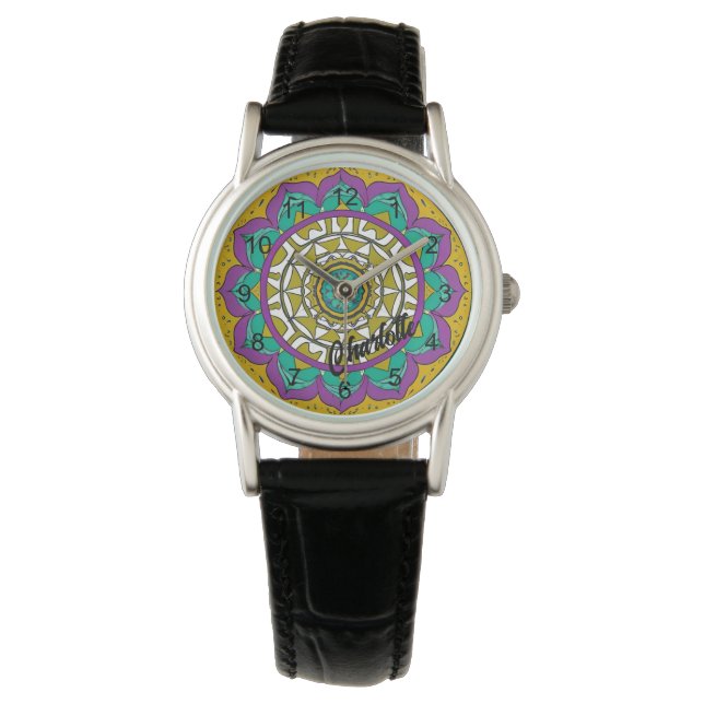Snygg Lila och Grönt Flower Mandala Watch Armbandsur (Framsida)