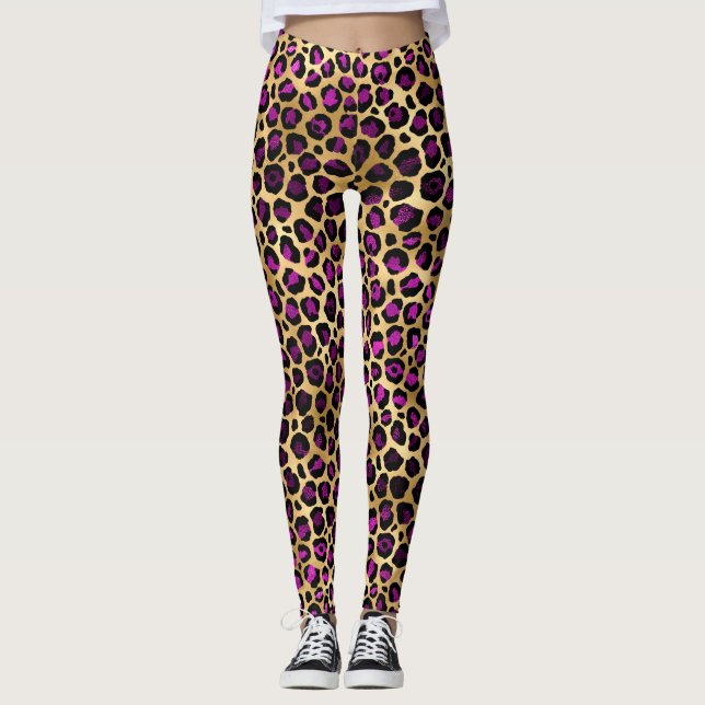 Snygg lila och guld folie leopardfläckar mönster leggings (Framsida)