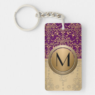 Snygg lila och guld monogram damaskmönster nyckelring