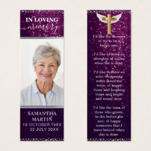 Snygg Lila Sparkly Memorial Funeral Bookmark Litet Visitkort