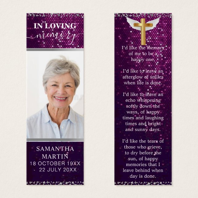 Snygg Lila Sparkly Memorial Funeral Bookmark Litet Visitkort (Framsida & baksida)