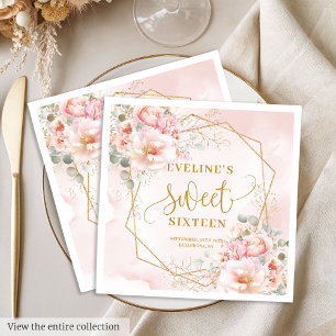 Snygg ljusrosa med gyllene blommor Sweet Sixteen Pappersservett