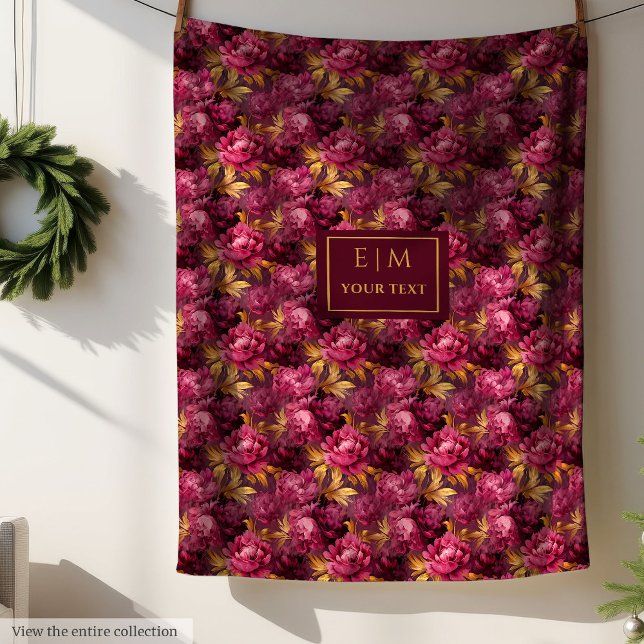 Snygg  Magenta Guld Blommigt Watercolor Boho Fleecefilt (Lovely Blush Magenta Gold Floral Watercolor Boho Fleece Blanket)