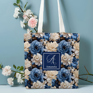 Snygg marinblå blomma anpassat namn blomster handv tygkasse