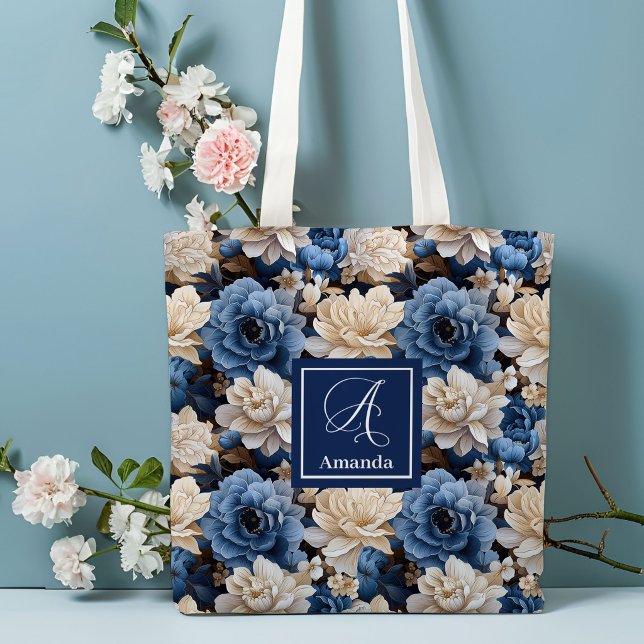 Snygg marinblå blomma anpassat namn blomster handv tygkasse (Stylish Navy Flowers Custom Name Floral Tote Bag)