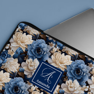 Snygg marinblå blommig blå floral laptopfodral laptop fodral
