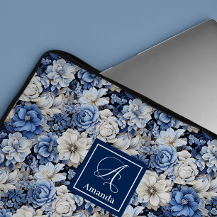 Snygg marinblå blommig stilfullt fodral för laptop