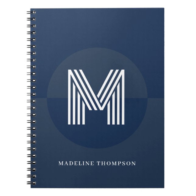Snygg marinblå geometrisk modern monogram anteckningsbok (Framsidan)