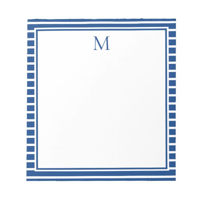 Snygg marinblå och vit randig monogram anteckningsblock (Framsida)