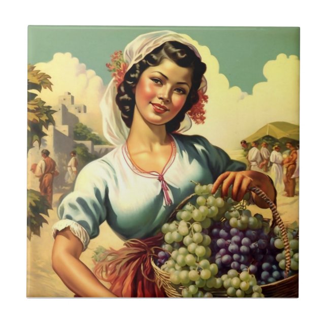 Snygg mexikansk kalenderflicka i Grape Harvest Kakelplatta (Framsidan)