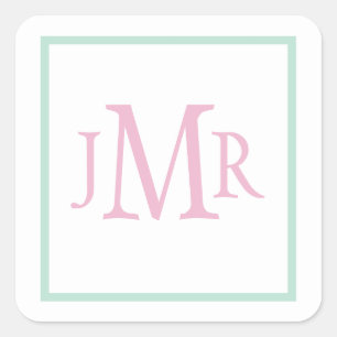 Snygg mintgrön och rosa monogram fyrkantigt klistermärke