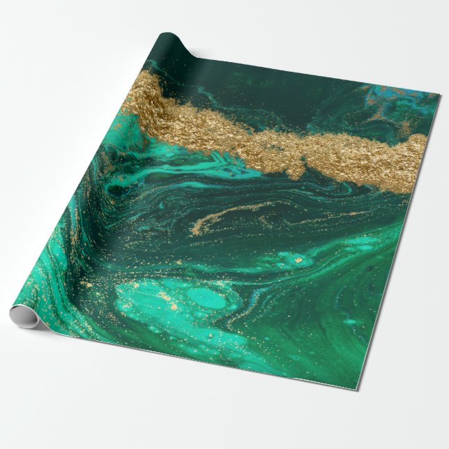Snygg Modern Grön Guld Marmor Stentextur Presentpapper (Utrullad)