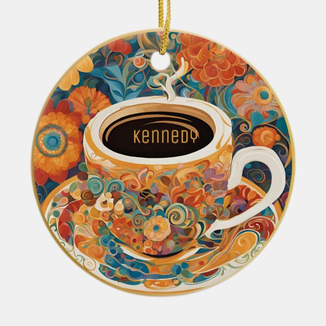 Snygg modern konst-kaffe Kopp-prydnadsföremål Julgransprydnad Keramik (Framsidan)