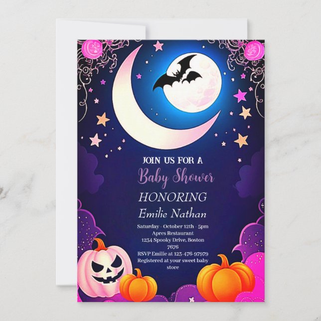 Snygg modern rosa lila Halloween Baby Shower Inbjudningar (Framsida)