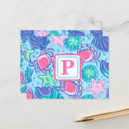 Snygg monogram strand skal krabba vykort
