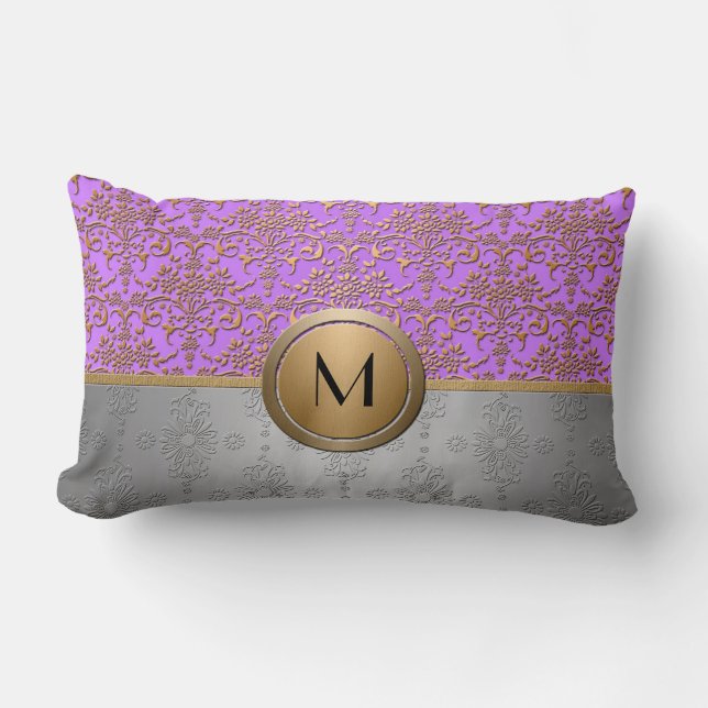 Snygg monogramdesign periwinkle lila guld lumbarkudde (Framsida)