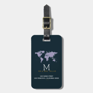 Snygg monogrammad, blå Mr & Mrs Worldmap Bagagebricka