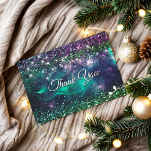 Snygg mörk lila grön falsk glittermonogram tack kort