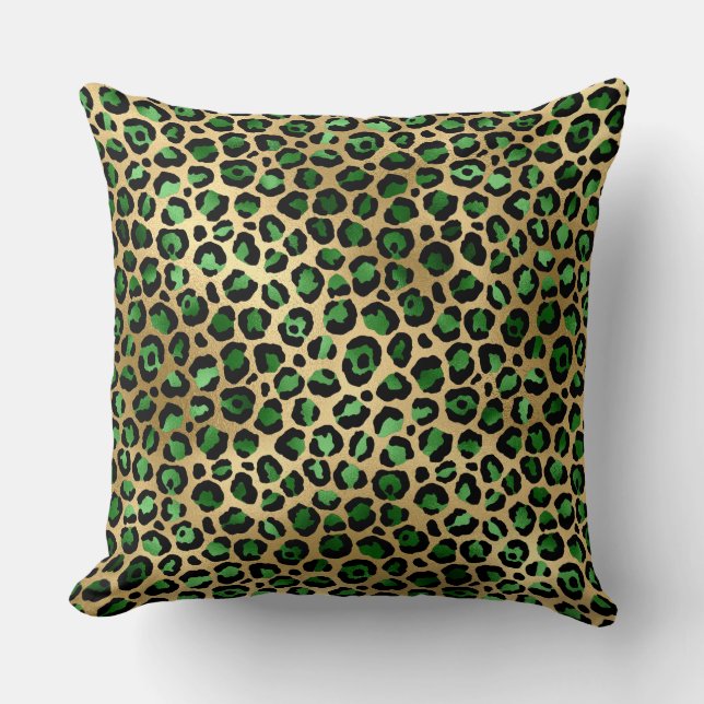 Snygg mörkgrön och guld folie leopardfläckar kudde (Framsida)