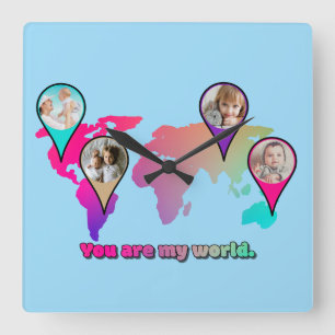 Snygg Multifärgad World Map Photo Collage Fyrkantig Klocka