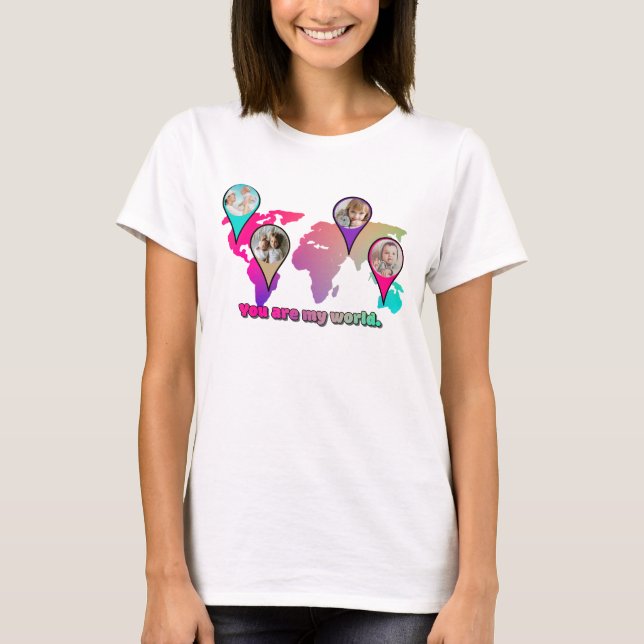 Snygg Multifärgad World Map Photo Collage T Shirt (Framsida)