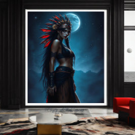 Snygg Native American Woman Celestial Fullmoon Canvastryck
