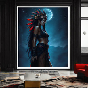 Snygg Native American Woman Celestial Fullmoon Canvastryck