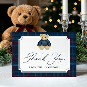 Snygg Navy Plaid Nalle Babyshower Tack Kort