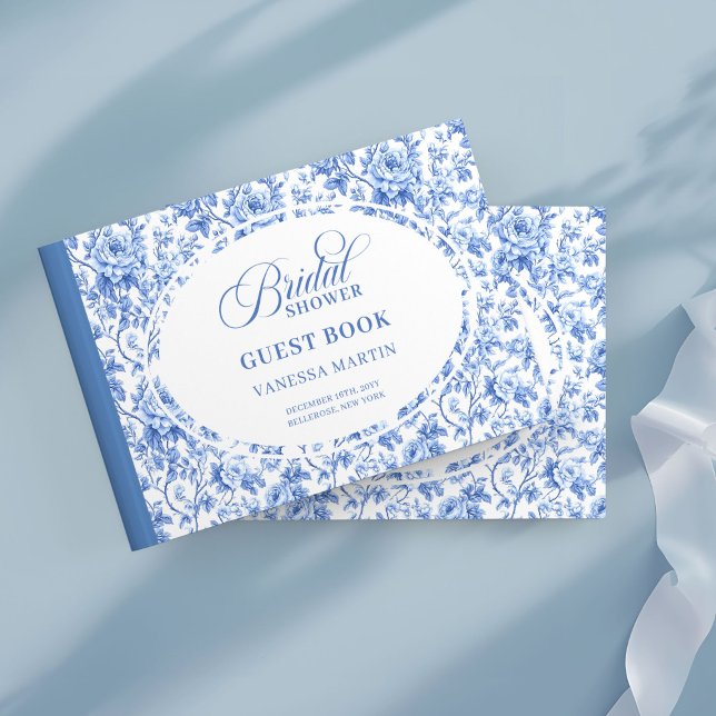 Snygg Navyblå Toile Roser Bröllopsdusch Gästbok (Chic Navy Blue Toile Roses Bridal Shower GuestBk

)