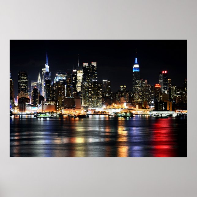 Snygg New York Natt Ljus reflekterar floden Poster (Framsidan)