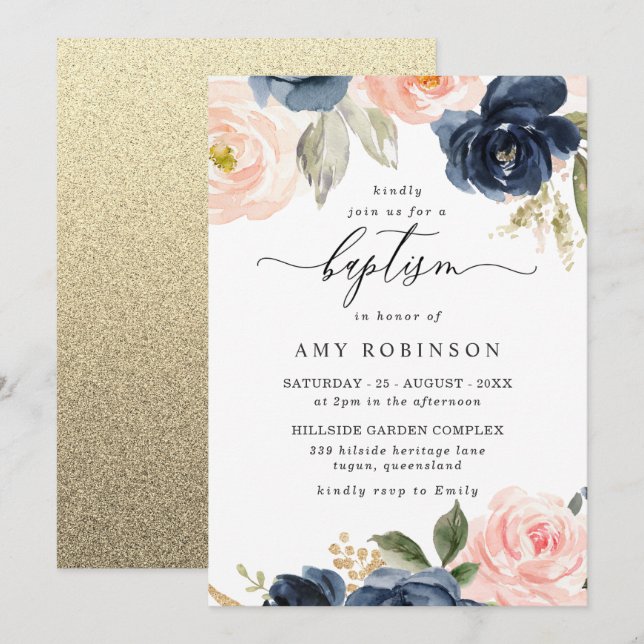 Snygg  och marin blommor Boy Girl Baptism Inbjudningar (Fram/baksida)