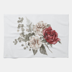 Snygg off-White & Röd ros Blommigt Bouquet Kökshandduk