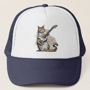 Snygg orange katt som jammar på gitarr keps