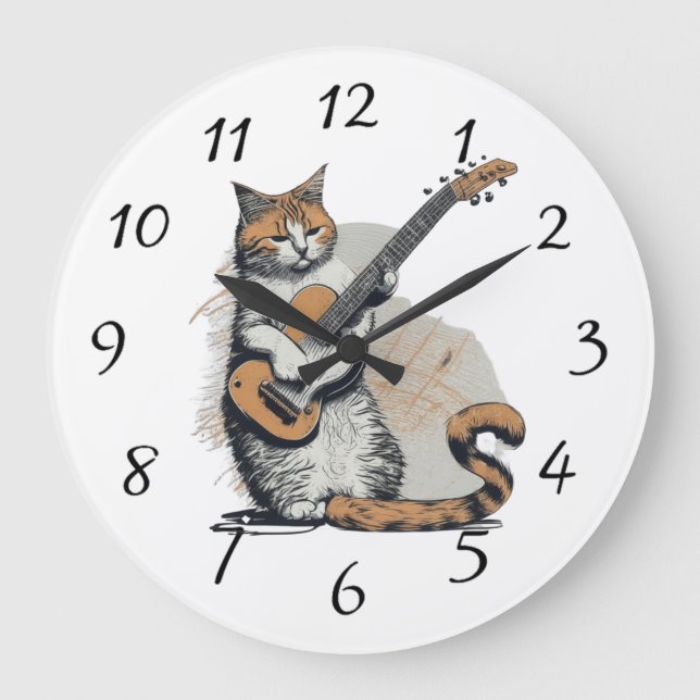 Snygg orange katt som jammar på gitarr stor klocka (Framsida)