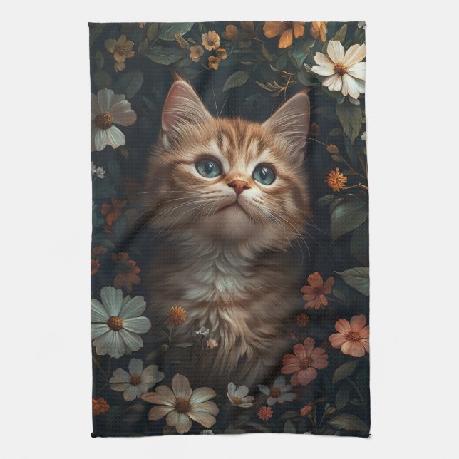 Snygg Orange Kitten med Wildblommor Kökshandduk (Vertikal)