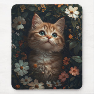 Snygg Orange Kitten med Wildblommor Musmatta