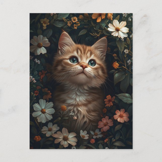 Snygg Orange Kitten med Wildblommor Vykort (Framsida)