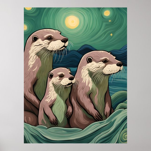 Snygg Otter Family Van Gogh Stil Poster (Framsidan)