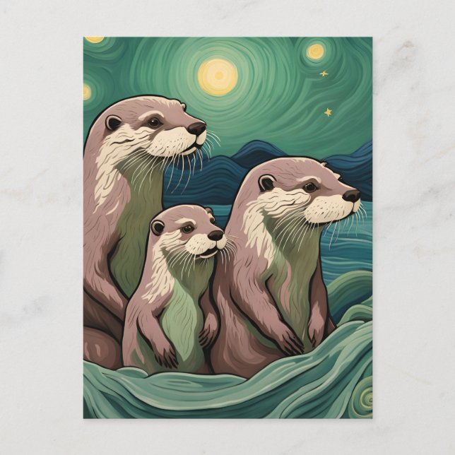 Snygg Otter Family Van Gogh Stil Vykort (Framsida)