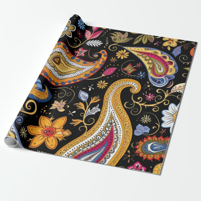 Snygg Paisley Mönster Black Colorful Presentpapper (Utrullad)