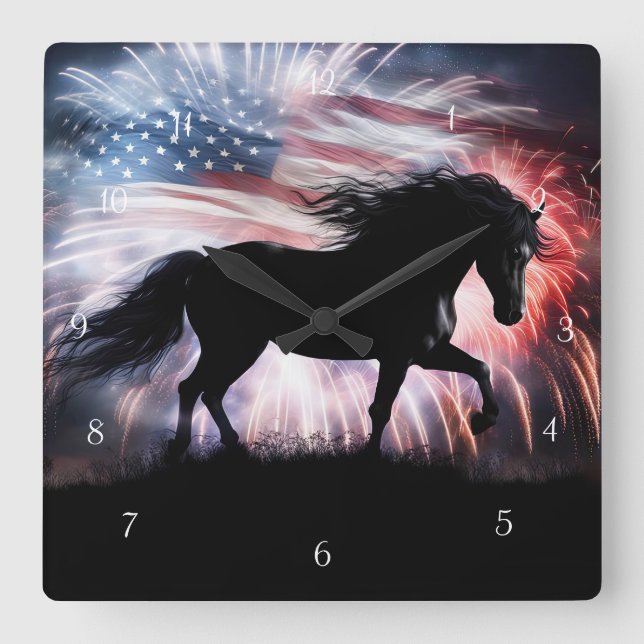Snygg Parotic Horse American Flagga Fireworks Fyrkantig Klocka (Framsida)