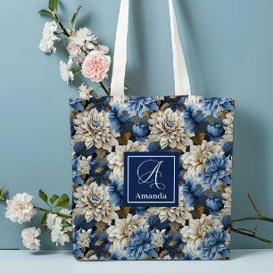 Snygg personlig toteväska med blåa och vita blommo tygkasse
